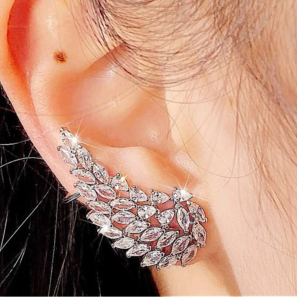 Silver Cubic Zircon Leaf Angel Wing Cuff Earrings